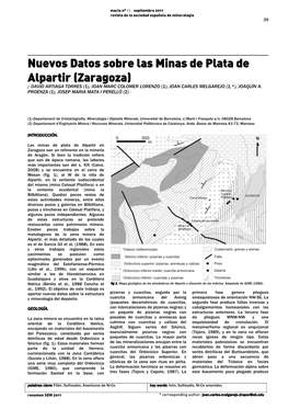 Nuevos Datos Sobre Las Minas De Plata De Alpartir (Zaragoza) / DAVID ARTIAGA TORRES (1), JOAN MARC COLOMER LORENZO (1), JOAN CARLES MELGAREJO (1,*), JOAQUÍN A