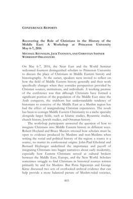 403 Recovering the Role of Christians in the History of the Middle East: a Workshop at Princeton University May 6-7, 2016 On