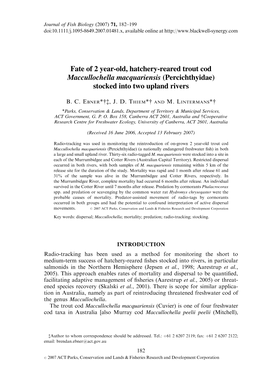 Fate of 2 Year-Old, Hatchery-Reared Trout Cod Maccullochella Macquariensis (Percichthyidae) Stocked Into Two Upland Rivers