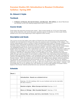 Eurasian Studies 201: Introduction to Russian Civilization Syllabus - Spring 2000