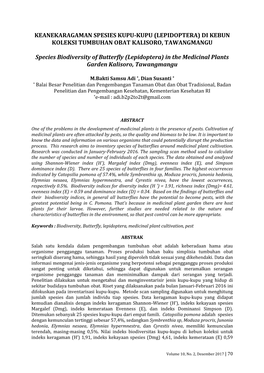 Keanekaragaman Spesies Kupu-Kupu (Lepidoptera) Di Kebun Koleksi Tumbuhan Obat Kalisoro, Tawangmangu