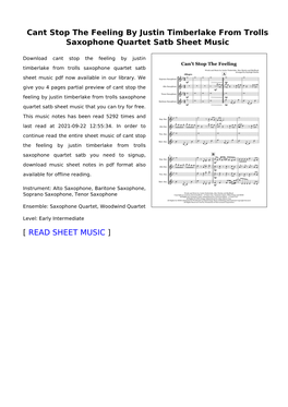 Cant Stop the Feeling by Justin Timberlake from Trolls Saxophone Quartet Satb Sheet Music