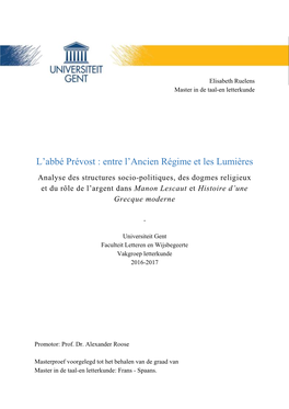 L'abbé Prévost : Entre L'ancien Régime Et Les Lumières