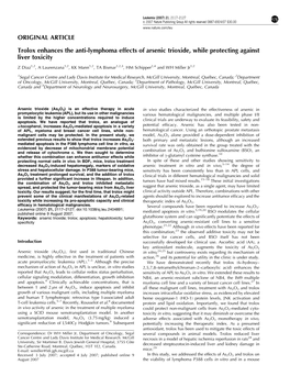 Trolox Enhances the Anti-Lymphoma Effects of Arsenic Trioxide, While Protecting Against Liver Toxicity