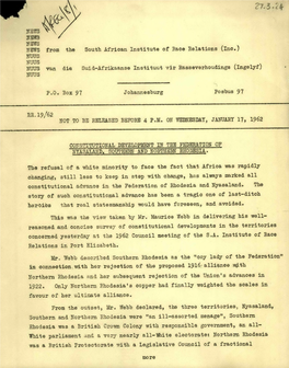 1TEWS NEWS Ffews HEWS from the South African Institute of Race Relations (Inc.) NUUS NUUS NUUS Van Die Suid-Afrikaanse Instituut Vir Rasseverhoudings (Ingelyf) NUUS