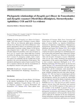 And Dysaphis Reaumuri (Mordvilko) (Hemiptera, Sternorrhyncha: Aphididae): COI and EF-1Α Evidence