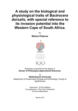 A Study on the Biological and Physiological Traits of Bactrocera Dorsalis, with Special Reference to Its Invasion Potential Into the Western Cape of South Africa