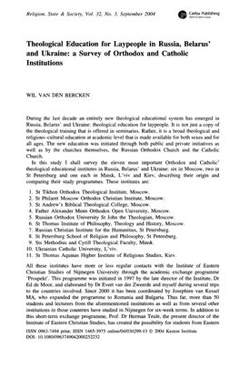 Theological Education for Laypeople in Russia, Belarus' and Ukraine: a Survey of Orthodox and Catholic Institutions