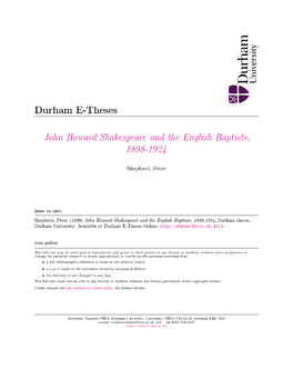 John Howard Shakespeare and the English Baptists, 1898-1924