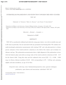 INTERSTELLAR POLARIZATION and EXTINCTION TOWARDS the OPEN CLUSTER NGC 457 Submitted to PASP ABSTRACT NGC 457 Is a Moderately