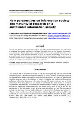 New Perspectives on Information Society: the Maturity of Research on a Sustainable Information Society