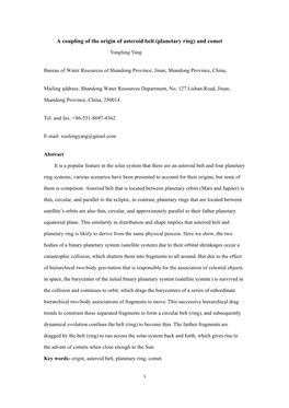 A Coupling of the Origin of Asteroid Belt (Planetary Ring) and Comet