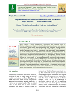 Comparison of Quality Control Parameters of Leaf and Stem of Phyla Nodiflora L