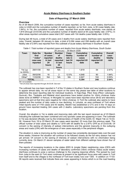 Acute Watery Diarrhoea in Southern Sudan Date of Reporting