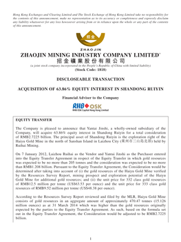 ZHAOJIN MINING INDUSTRY COMPANY LIMITED* 招金礦業股份有限公司 (A Joint Stock Company Incorporated in the People’S Republic of China with Limited Liability) (Stock Code: 1818)