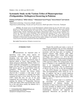 Systematic Study on the Various Tribes of Phaneropterinae (Tettigonioidea: Orthoptera) Occurring in Pakistan