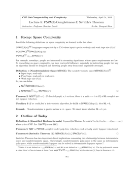 PSPACE-Completeness & Savitch's Theorem 1 Recap