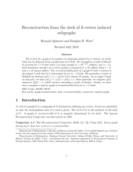 Reconstruction from the Deck of K-Vertex Induced Subgraphs