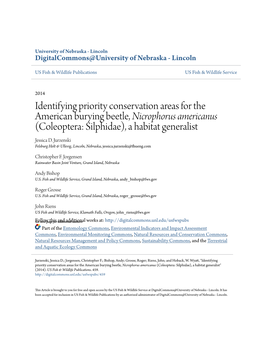 Identifying Priority Conservation Areas for the American Burying Beetle, &lt;I&gt;Nicrophorus Americanus&lt;/I&gt; (Coleoptera