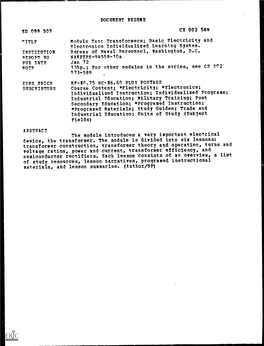 Module Ten: Transformers; Basic Electricity and Electronics Individualized Learning System