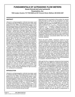 FUNDAMENTALS of ULTRASONIC FLOW METERS Keven Conrad and Larry Lynnworth Panametrics, Inc