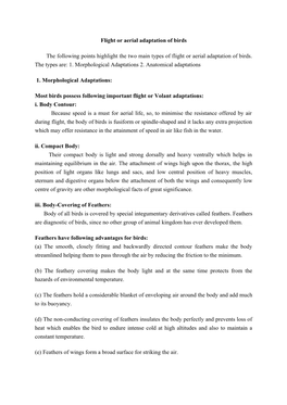 Flight Or Aerial Adaptation of Birds the Following Points Highlight the Two