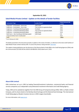 Sakal Media Private Limited - Update on the Details of Lender Facilities