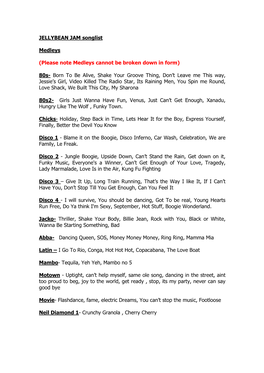 JELLYBEAN JAM Songlist Medleys
