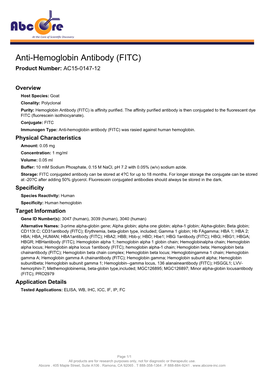 Anti-Hemoglobin Antibody (FITC) Product Number: AC15-0147-12