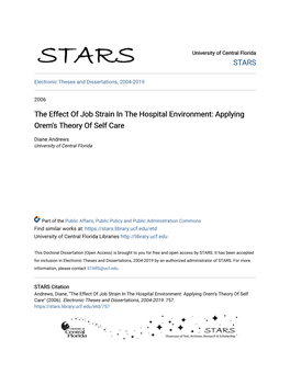 The Effect of Job Strain in the Hospital Environment: Applying Orem's Theory of Self Care