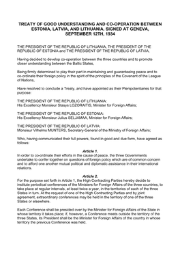 Treaty of Good Understanding and Co-Operation Between Estonia, Latvia, and Lithuania