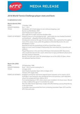 2016 World Tennis Challenge Player Stats and Facts