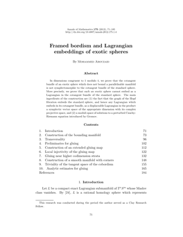 Framed Bordism and Lagrangian Embeddings of Exotic Spheres