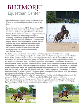 Biltmore Equestrian Center Is Excited to Welcome Tarrin Warren for a Working Equitation Clinic on June 11-12, 2020. Tarrin Warre