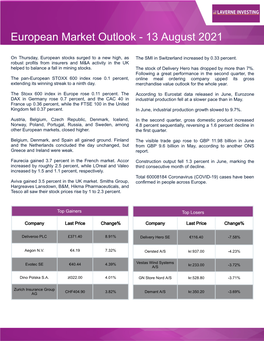 European Market Outlook - 13 August 2021