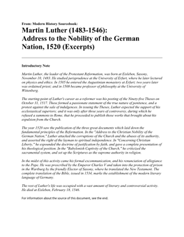 Martin Luther (1483-1546): Address to the Nobility of the German Nation, 1520 (Excerpts)