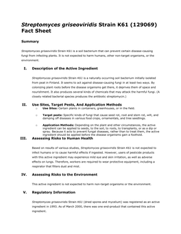 Biopesticides Fact Sheet for Streptomyces Griseoviridis