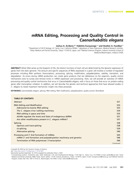 Mrna Editing, Processing and Quality Control in Caenorhabditis Elegans