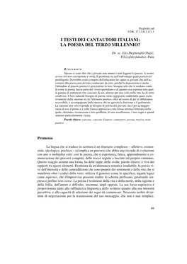 I Testi Dei Cantautori Italiani: La Poesia Del Terzo Millennio?