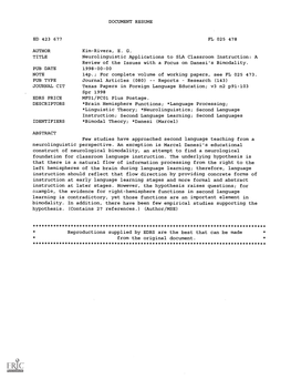 Neurolinguistic Applications to SLA Classroom Instruction: a Review of the Issues with a Focus on Danesi's Bimodality