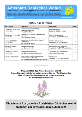 Die Nächste Ausgabe Des Amtsblattes Dänischer Wohld Erscheint Am Mittwoch, Dem 2. Juni 2021