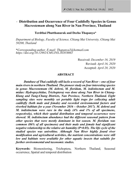 Distribution and Occurrence of Four Caddisfly Species in Genus Macrostemum Along Nan River in Nan Province, Thailand