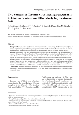 Two Clusters of Toscana Virus Meningo-Encephalitis in Livorno Province and Elba Island, July-September 2018