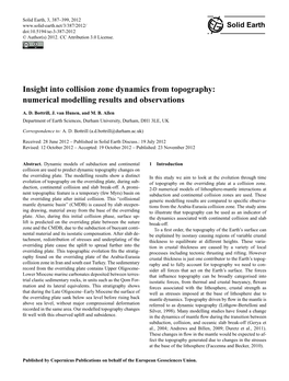 Insight Into Collision Zone Dynamics from Topography: Numerical Modelling Results and Observations