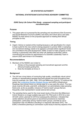 UK STATISTICS AUTHORITY NATIONAL STATISTICIAN's DATA ETHICS ADVISORY COMMITTEE NSDEC(20)Xx ESRC Early Life Cohort Pilot Study