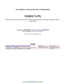 FRANKLIN INVESTORS SECURITIES TRUST Form N-PX Filed 2021-08-30
