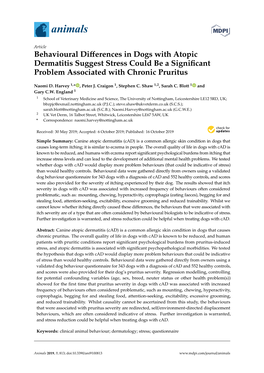 Behavioural Differences in Dogs with Atopic Dermatitis Suggest Stress