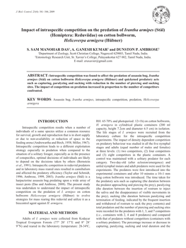 Impact of Intraspecific Competition on the Predation of Irantha Armipes (Stål) (Hemiptera: Reduviidae) on Cotton Bollworm, Helicoverpa Armigera (Hübner)