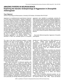 AMAZING PAPERS in NEUROSCIENCE Exploring the Genetic Underpinnings of Aggression in Drosophila Melanogaster