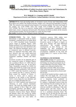 Food and Feeding Habits of Catfish ( Synodontis Nigrita Cuvier and Valenciennes) in River Rima, Sokoto, Nigeria